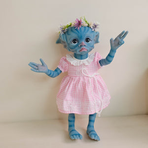 TINKY Avatar 17inch Fantasy Vinyl Reborn Doll with Elf Ears & Blue Eyes | Hand-Painted Head, 4 Fingers | Choose Pink or Blue Dress