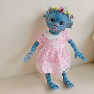 TINKY Avatar 17inch Fantasy Vinyl Reborn Doll with Elf Ears & Blue Eyes | Hand-Painted Head, 4 Fingers | Choose Pink or Blue Dress