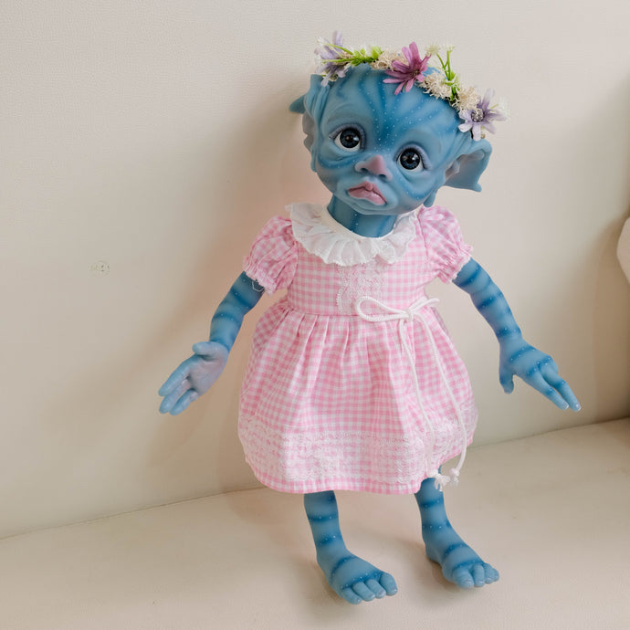 TINKY Avatar 17inch Fantasy Vinyl Reborn Doll with Elf Ears & Blue Eyes | Hand-Painted Head, 4 Fingers | Choose Pink or Blue Dress