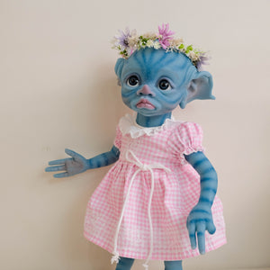 TINKY Avatar 17inch Fantasy Vinyl Reborn Doll with Elf Ears & Blue Eyes | Hand-Painted Head, 4 Fingers | Choose Pink or Blue Dress