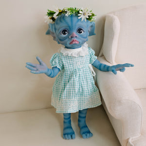 TINKY Avatar 17inch Fantasy Vinyl Reborn Doll with Elf Ears & Blue Eyes | Hand-Painted Head, 4 Fingers | Choose Pink or Blue Dress