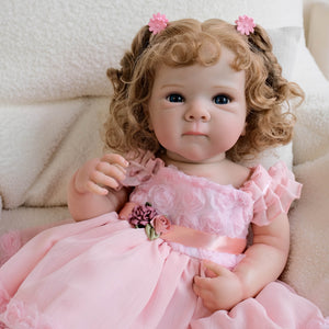 Bettie 18inch Full Vinyl Reborn Baby Doll with Rooted Hair & Blue Eyes Realistic Babydolls Open Eyes | Pink Dress