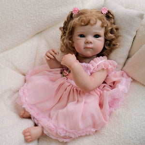 Bettie 18inch Full Vinyl Reborn Baby Doll with Rooted Hair & Blue Eyes Realistic Babydolls Open Eyes | Pink Dress
