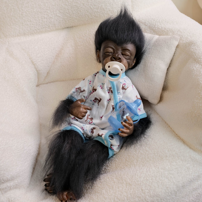 Fuzzy Black Monkey Doll in Deer Print Romper - 18in Soft Plush Stuffed Animal Toy, Christmas & Birthday Gift for Kids