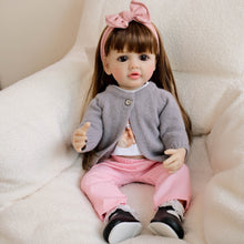 Load image into Gallery viewer, 55cm Reborn Baby Girl Doll Betty with Brown Wig and Bent Legs Realistic Full Vinyl Body Lifelike Collectible Doll for Kids and Adults
