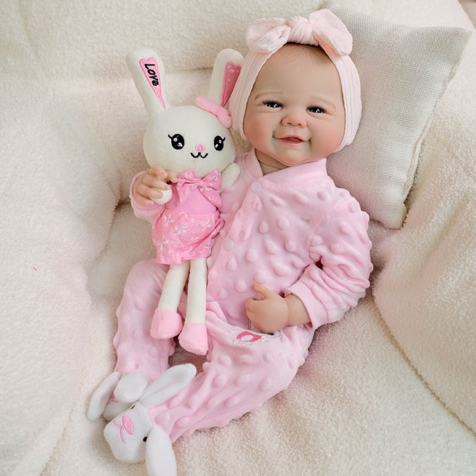 19inch Reborn Baby Girl Vivienne in Bunny Pink Onesie - Hand-Painted Blue Eyes | Choose Ultra-Cuddly Plush or Realistic Full Vinyl Body