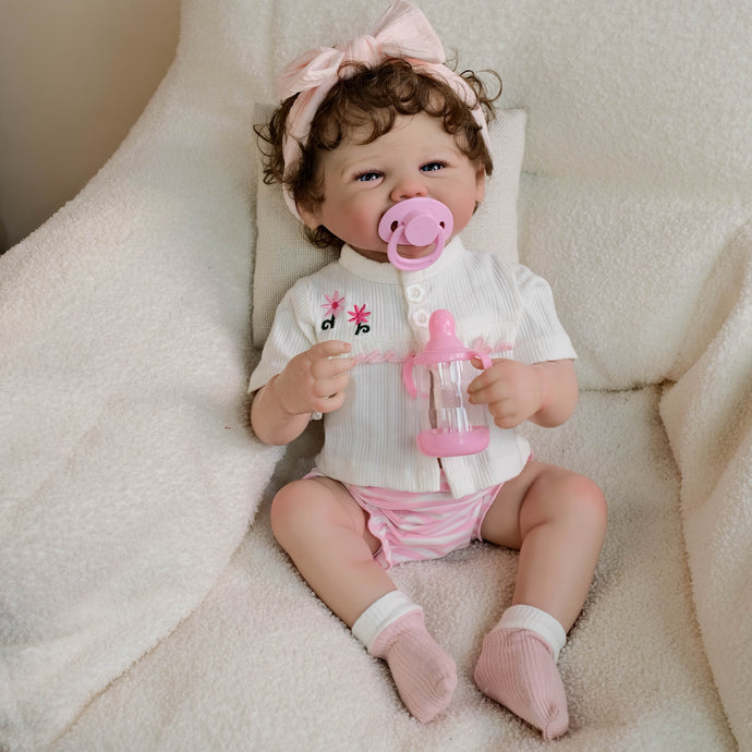 19inch Reborn Baby Girl Vivienne - Full Vinyl Body with Rooted Brown Curls Blue Eyes, Embroidered White Top