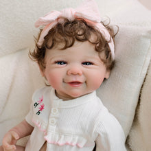 Load image into Gallery viewer, 19inch Reborn Baby Girl Vivienne - Full Vinyl Body with Rooted Brown Curls Blue Eyes, Embroidered White Top
