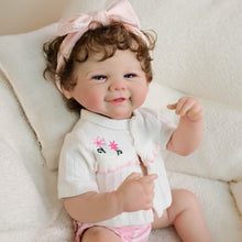 Load image into Gallery viewer, 19inch Reborn Baby Girl Vivienne - Full Vinyl Body with Rooted Brown Curls Blue Eyes, Embroidered White Top
