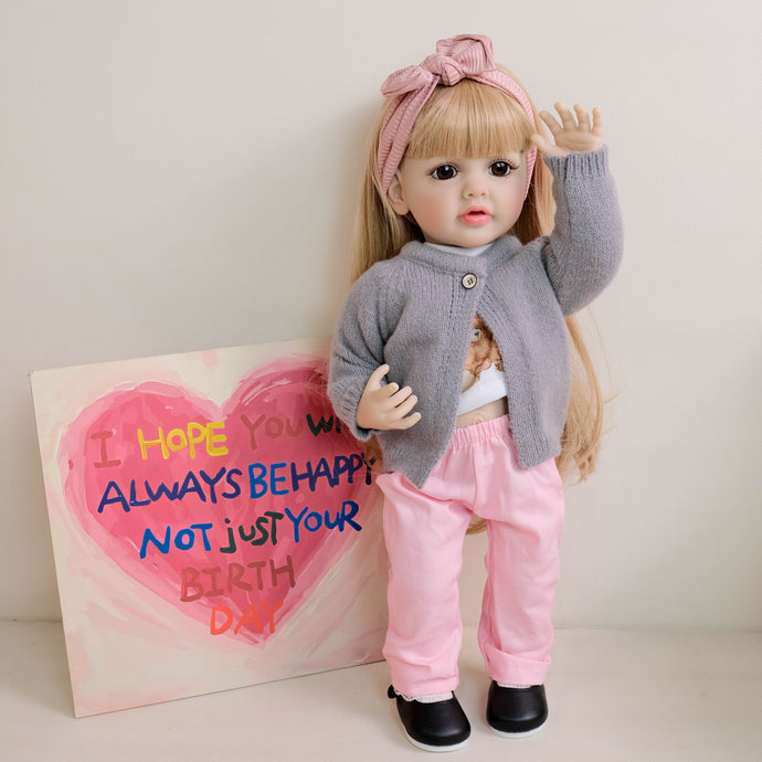 55cm Reborn Baby Girl Doll Betty with Brown Wig and Bent Legs Realistic Full Vinyl Body Lifelike Collectible Doll for Kids and Adults