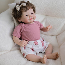 Load image into Gallery viewer, Vivienne 19-Inch Smiling Reborn Baby Doll with Brown Curly Hair &amp; Blue Eyes | Choose Soft Body or Waterproof Full Vinyl Girl Doll | Includes Magnetic Pacifier, Bottle, Outfit &amp; Birth Certificate
