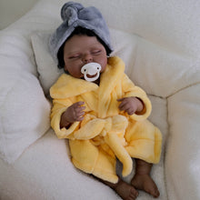 画像をギャラリービューアに読み込む, 20-Inch Realistic Black Reborn Baby Girl Doll | Full Vinyl Sleeping Newborn with Curly Black Hair &amp; Yellow Sleep Gown | Lifelike Skin Touch, Poseable Limbs, Eyes Closed
