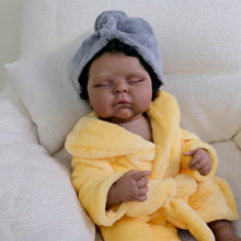 画像をギャラリービューアに読み込む, 20-Inch Realistic Black Reborn Baby Girl Doll | Full Vinyl Sleeping Newborn with Curly Black Hair &amp; Yellow Sleep Gown | Lifelike Skin Touch, Poseable Limbs, Eyes Closed
