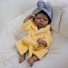 画像をギャラリービューアに読み込む, 20-Inch Realistic Black Reborn Baby Girl Doll | Full Vinyl Sleeping Newborn with Curly Black Hair &amp; Yellow Sleep Gown | Lifelike Skin Touch, Poseable Limbs, Eyes Closed
