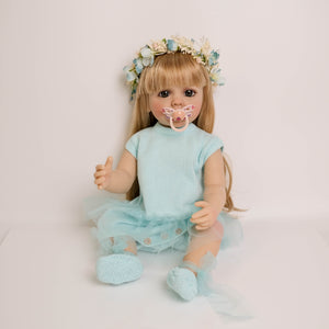 22-inch Realistic Girl Doll Betty - Full Vinyl Body with Removable Blonde Wig & Sparkling Blue Eyes in Sky Blue Knit Dress (55cm)