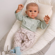 Load image into Gallery viewer, Reuben 22 inch  newborn size dolls soft cloth body reborn dolls weighted babydolls ,hand-painted hair ,brown eyes, dark brown skin

