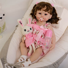 Carica l&#39;immagine nel visualizzatore di Gallery, 22 Inch Adora Playtime 55cm Vinyl Doll with Rooted Brown Hair Sparkling Blue Glass Eyes Open Mouth &amp; Two Tiny Teeth &amp; Bunny
