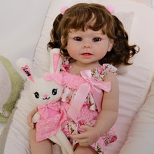 Carica l&#39;immagine nel visualizzatore di Gallery, 22 Inch Adora Playtime 55cm Vinyl Doll with Rooted Brown Hair Sparkling Blue Glass Eyes Open Mouth &amp; Two Tiny Teeth &amp; Bunny
