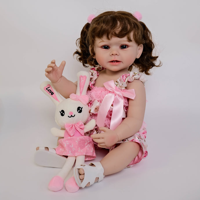 22 Inch Adora Playtime 55cm Vinyl Doll with Rooted Brown Hair Sparkling Blue Glass Eyes Open Mouth & Two Tiny Teeth & Bunny