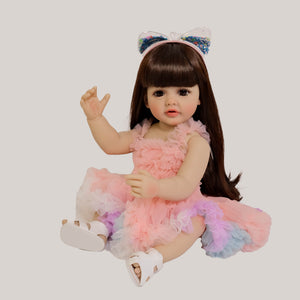 22 Inch Full Vinyl Reborn Baby Girl "Enchanted Betty" - Brown Eyes, Wig, Rainbow Tulle Tutu Outfit & Cat Ears (Gentle Paint)