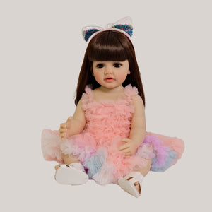 22 Inch Full Vinyl Reborn Baby Girl "Enchanted Betty" - Brown Eyes, Wig, Rainbow Tulle Tutu Outfit & Cat Ears (Gentle Paint)