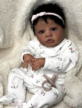 Load image into Gallery viewer, 19 Inch Lifelike Reborn Baby Doll Primrose Awake | 48cm Realistic Black Baby Doll with Curly Hair Soft Body Wearable White Print Zip Suit Christmas Gift for Kids Collectors
