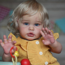 Cargar imagen en el visor de la galería, 24 Inch Fabric Body Reborn Baby Doll - Golden Haired Ellie in Yellow Gauze Flutter Sleeve Outfit, Blue Eyes

