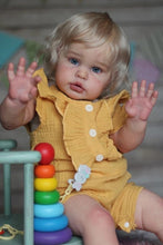 Cargar imagen en el visor de la galería, 24 Inch Fabric Body Reborn Baby Doll - Golden Haired Ellie in Yellow Gauze Flutter Sleeve Outfit, Blue Eyes
