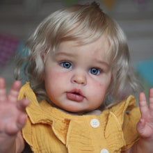Cargar imagen en el visor de la galería, 24 Inch Fabric Body Reborn Baby Doll - Golden Haired Ellie in Yellow Gauze Flutter Sleeve Outfit, Blue Eyes
