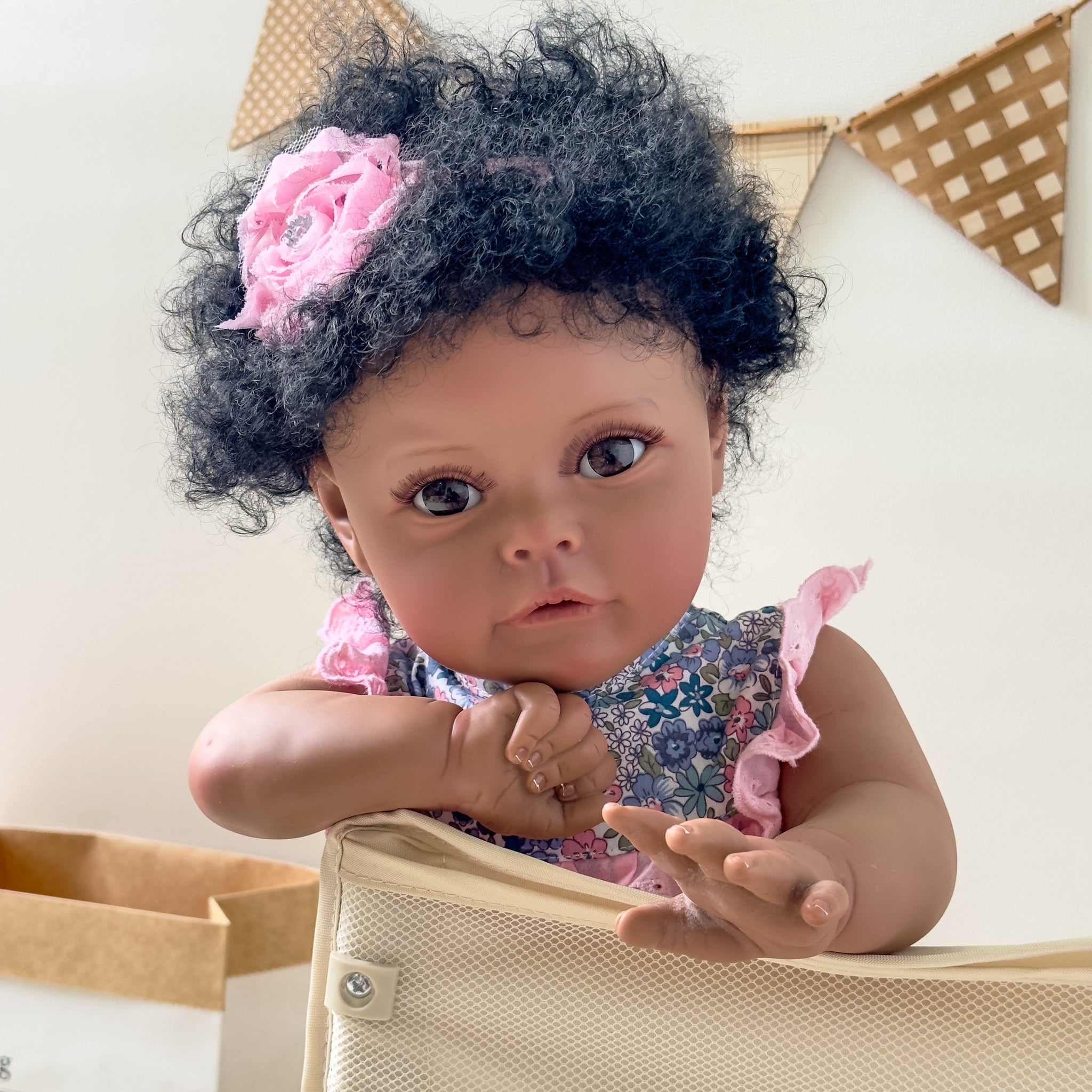 ROSHUAN Reborn Toddler Doll - 24 Inch Realistic Black Girl Baby Doll With Curly Hair, Lifelike Vinyl & Cloth Body, Christmas Gift