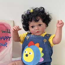 Load image into Gallery viewer, 23&quot; 58cm Cloth Body Doll with Full Arms &amp; Legs - Ayana Africa-American Reborn Black Planted Hair Black Curly Hair with Red Bowknot Dinosaur Suspender Pants
