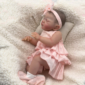 19" Sleeping Baby Doll August - Hand-Painted Hair & Tangerine Tiered Dress | Lifelike Closed Eyes Fabric Body (49cm) - Ultimate Snuggle Gift for Kids
