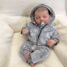 Cargar imagen en el visor de la galería, 19&quot; Reborn Baby Doll in Grey Plush Set - Hand-Painted Sleeping Face | White Onesie | Full Vinyl Limbs | PP Cotton Body | Collectible Gift
