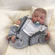 Cargar imagen en el visor de la galería, 19&quot; Reborn Baby Doll in Grey Plush Set - Hand-Painted Sleeping Face | White Onesie | Full Vinyl Limbs | PP Cotton Body | Collectible Gift
