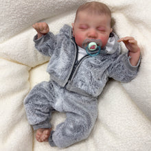 Cargar imagen en el visor de la galería, 19&quot; Reborn Baby Doll in Grey Plush Set - Hand-Painted Sleeping Face | White Onesie | Full Vinyl Limbs | PP Cotton Body | Collectible Gift

