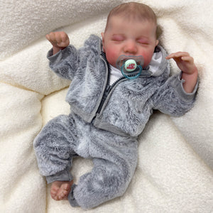 19" Reborn Baby Doll in Grey Plush Set - Hand-Painted Sleeping Face | White Onesie | Full Vinyl Limbs | PP Cotton Body | Collectible Gift