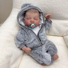 Cargar imagen en el visor de la galería, 19&quot; Reborn Baby Doll in Grey Plush Set - Hand-Painted Sleeping Face | White Onesie | Full Vinyl Limbs | PP Cotton Body | Collectible Gift
