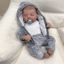 Cargar imagen en el visor de la galería, 19&quot; Reborn Baby Doll in Grey Plush Set - Hand-Painted Sleeping Face | White Onesie | Full Vinyl Limbs | PP Cotton Body | Collectible Gift
