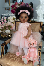 Cargar imagen en el visor de la galería, 26&quot; Deep Skin Doll with Implanted Afro Hair &amp; 3D Brown Eyes - Pink Tulle Lace Dress, Butterfly Pacifier - Realistic Baby Pippa
