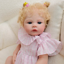 Cargar imagen en el visor de la galería, 48cm Meadow Reborn Baby Doll - Golden Curly Hair, Blue Eyes &amp; Pink Gingham Romper
