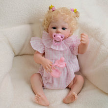 Cargar imagen en el visor de la galería, 48cm Meadow Reborn Baby Doll - Golden Curly Hair, Blue Eyes &amp; Pink Gingham Romper
