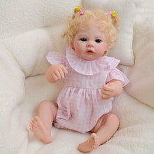 Cargar imagen en el visor de la galería, 48cm Meadow Reborn Baby Doll - Golden Curly Hair, Blue Eyes &amp; Pink Gingham Romper
