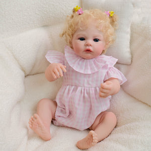 48cm Meadow Reborn Baby Doll - Golden Curly Hair, Blue Eyes & Pink Gingham Romper