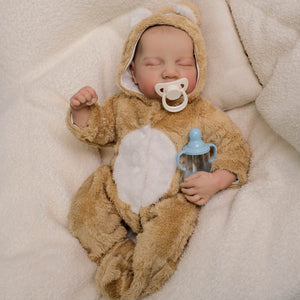 19 inch 45cm Hand-Painted Art Reborn Baby Doll Levi Cloth Body Taupe Painted Hair + Bear-Ears Footed Romper