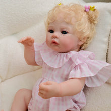 Cargar imagen en el visor de la galería, 48cm Meadow Reborn Baby Doll - Golden Curly Hair, Blue Eyes &amp; Pink Gingham Romper
