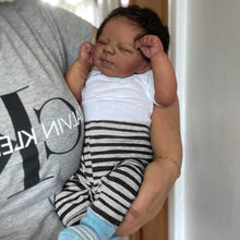 Cargar imagen en el visor de la galería, Pascale 48cm (19&quot;) Dark-Skinned Doll with Rooted Black Curly Hair - White Knit Top + Blue-Grey Striped Pants Outfit, Cloth Body Collector Doll
