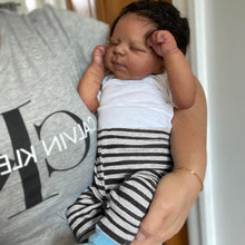 Cargar imagen en el visor de la galería, Pascale 48cm (19&quot;) Dark-Skinned Doll with Rooted Black Curly Hair - White Knit Top + Blue-Grey Striped Pants Outfit, Cloth Body Collector Doll
