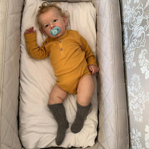 28 inch Realistic Boy Baby Doll - 70cm Liam with Rooted Blonde Hair, Hand-Painted Features & Brown Eyes. Fabric Body in Yellow Sleeper.