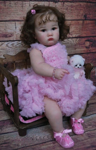 24" Poseable Baby Doll Charlotte - Rooted Brown Hair & Sparkling Blue Eyes | Light Pink Sleeveless Dress | Soft Cloth Body
