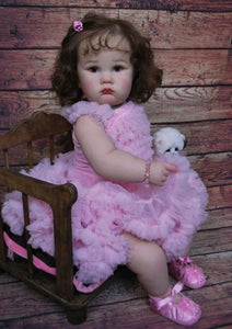 24" Poseable Baby Doll Charlotte - Rooted Brown Hair & Sparkling Blue Eyes | Light Pink Sleeveless Dress | Soft Cloth Body